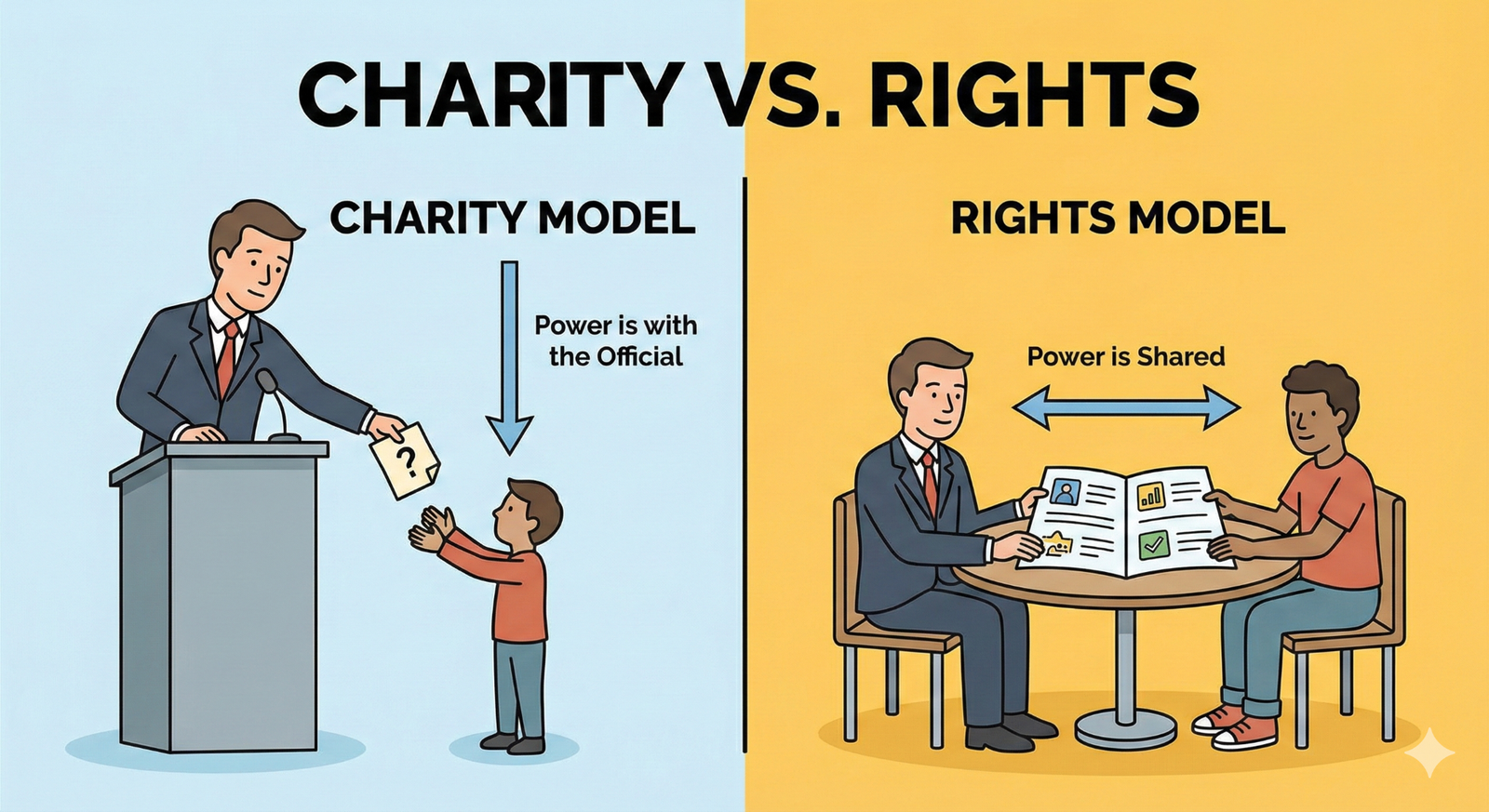 Visual Placeholder 1.1: A Comparative Flowchart titled "Charity vs. Rights" Left Side (Charity): An illustration of a government official standing on a high podium handing down a simplified paper to a person below. Label: "Power is with the Official." Right Side (Rights): An illustration of the official and the citizen sitting at the same table level, looking at a clear, easy-to-read document together. Label: "Power is Shared."
