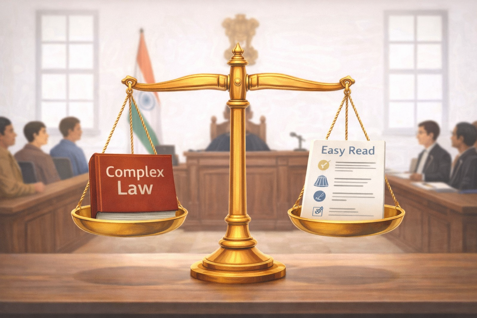 Visual Placeholder 1.2: The Scales of Justice Setting: An Indian courtroom. Left Pan: Contains a heavy, thick book labeled "Complex Law." Right Pan: Contains a single sheet of paper with icons and large text labeled "Easy Read." Result: The scales are perfectly balanced, symbolizing that a simplified document carries equal legal weight to a complex one.