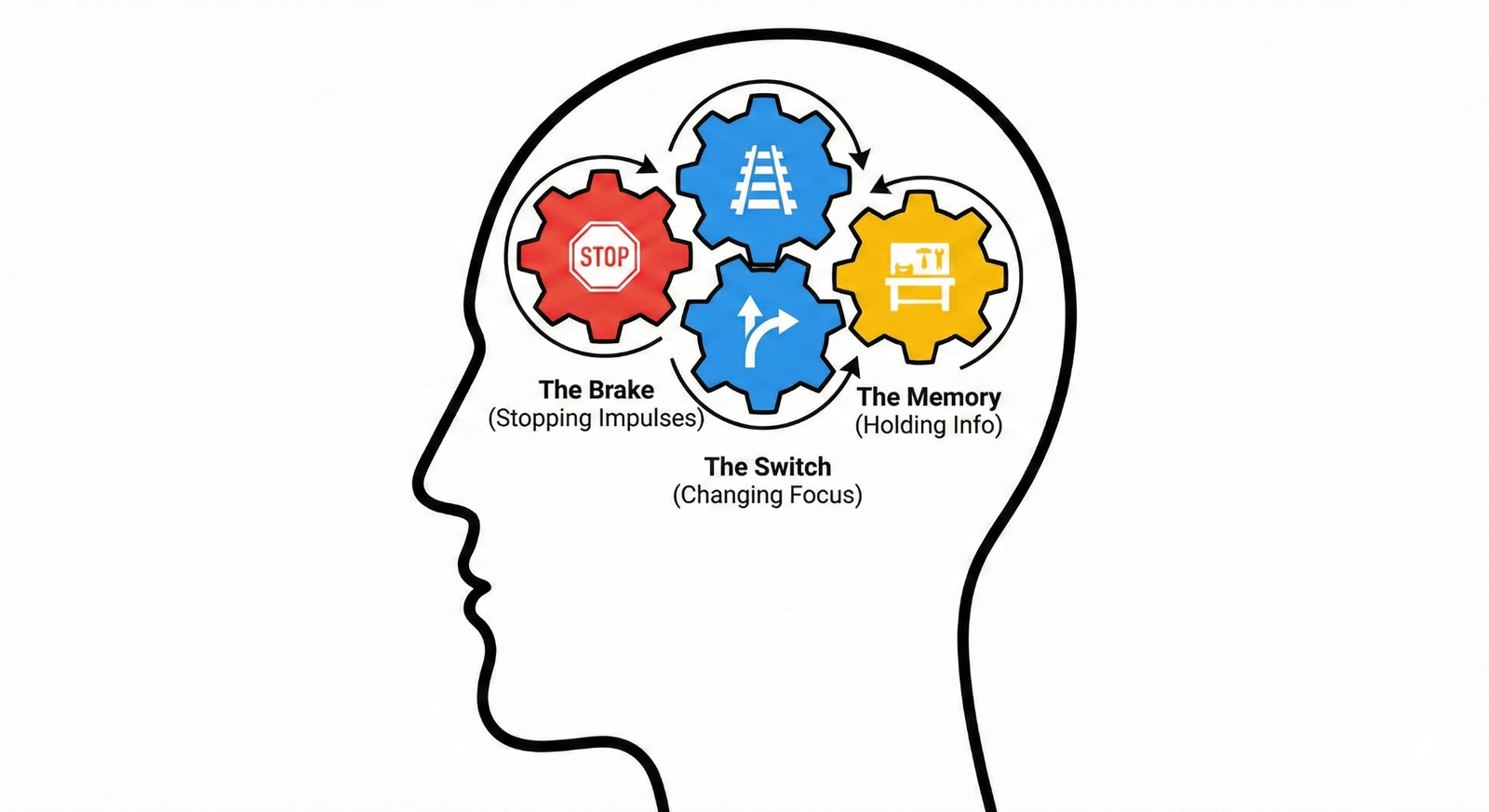 Visual Placeholder 2.1: The Executive Function Gears Diagram: A simple outline of a human head with three colorful gears inside the forehead area. Gear 1 (Red): Features a "Stop Sign" icon. Label: "The Brake (Stopping Impulses)." Gear 2 (Blue): Features a "Train Track Switch" icon. Label: "The Switch (Changing Focus)." Gear 3 (Yellow): Features a "Small Workbench" icon. Label: "The Memory (Holding Info)."