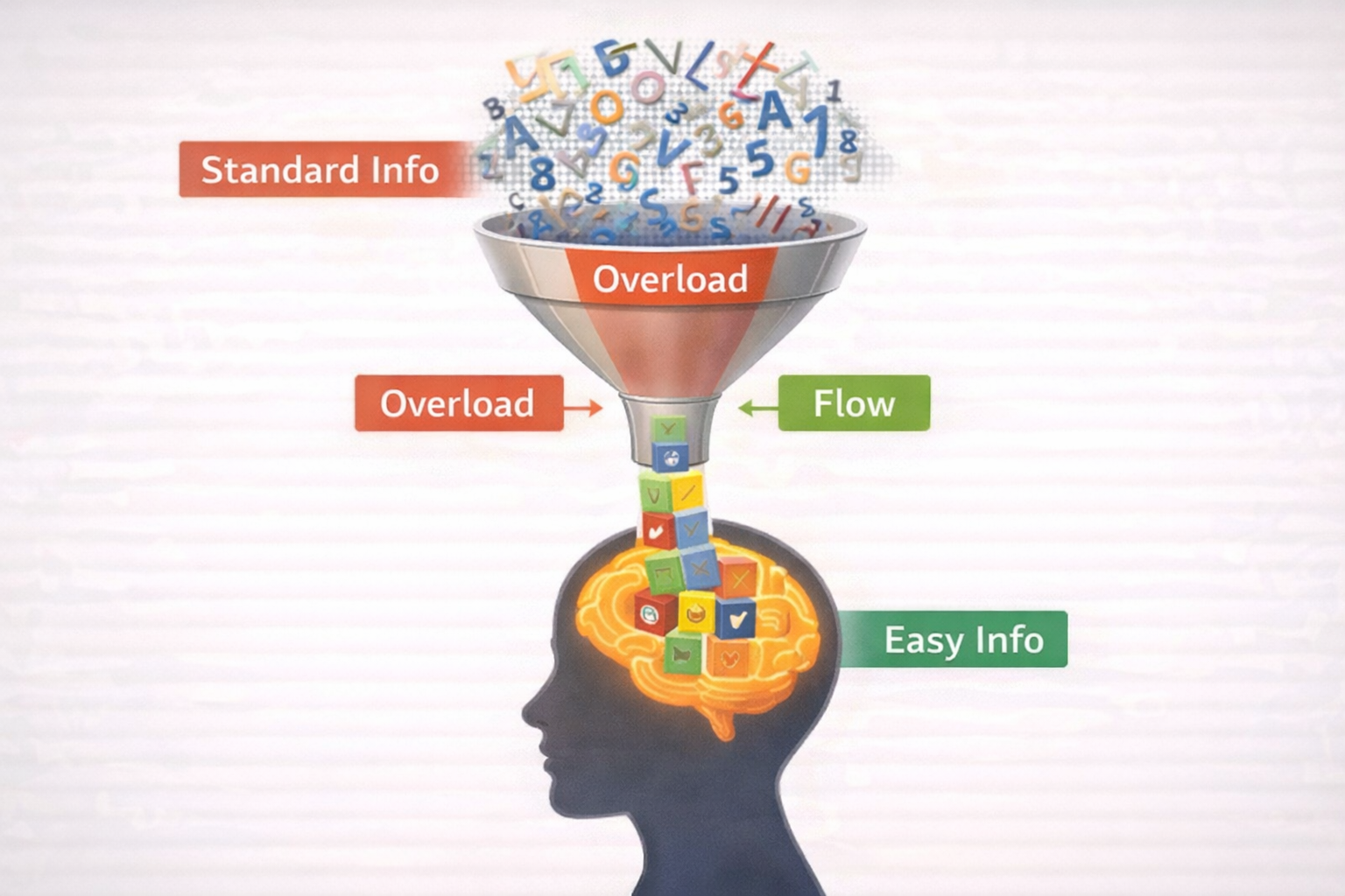 Visual Placeholder 2.2: The Cognitive Funnel Scenario: Information is being poured into a funnel connected to a person's mind. Top of Funnel (Overload): "Standard Info" is depicted as a jumbled mess of letters, numbers, and static noise. It gets stuck and clogs the funnel neck. Bottom of Funnel (Flow): "Easy Info" is depicted as neat, organized, color-coded blocks flowing smoothly through the funnel.