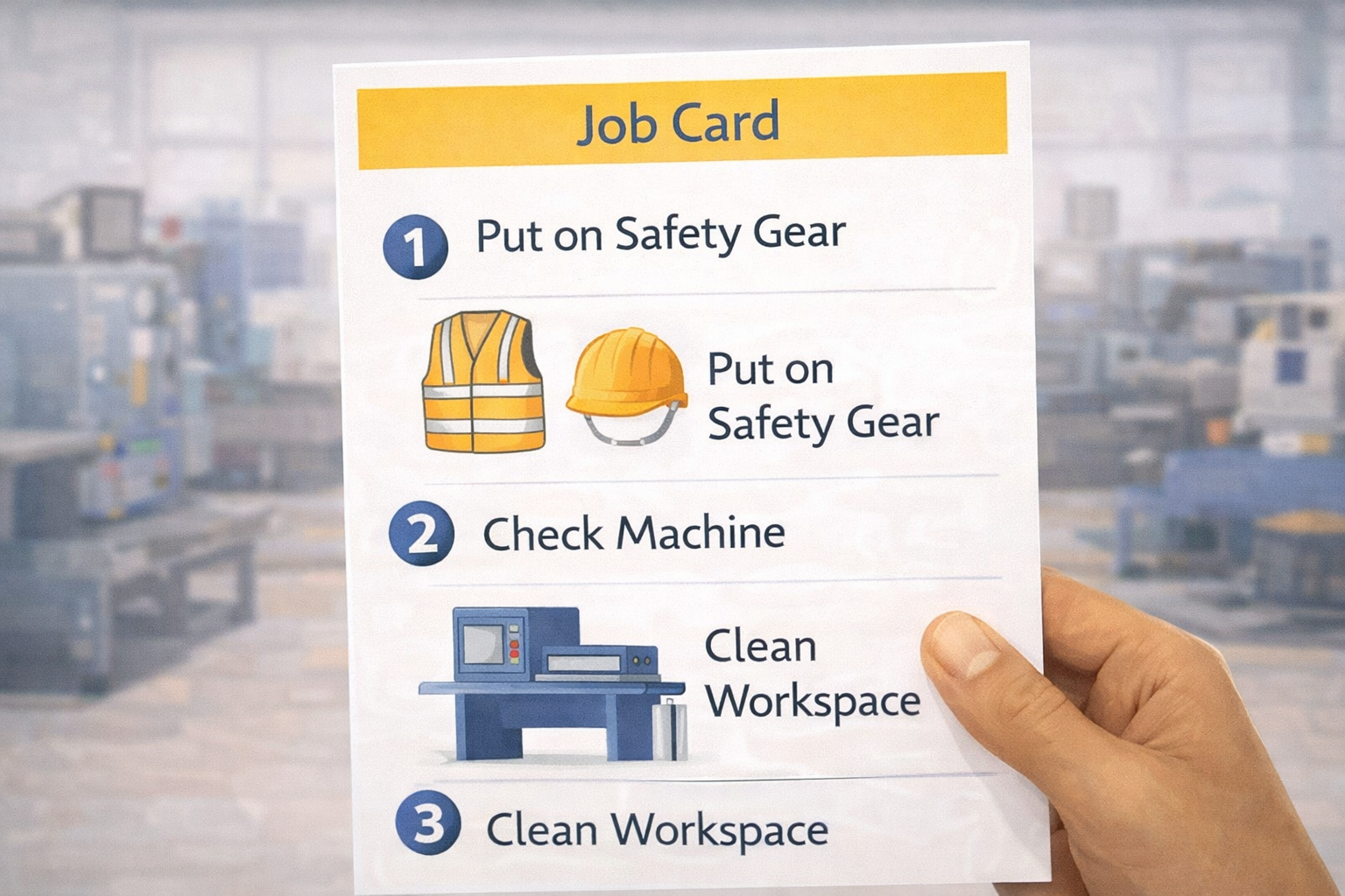 Visual Placeholder 3.2: The Visual Job Card Detail: A close-up of a "Job Card" for a factory worker. Content: Three steps with clear icons: Put on Safety Gear (Icon of helmet/vest). Check Machine (Icon of machine). Clean Workspace (Icon of broom). 