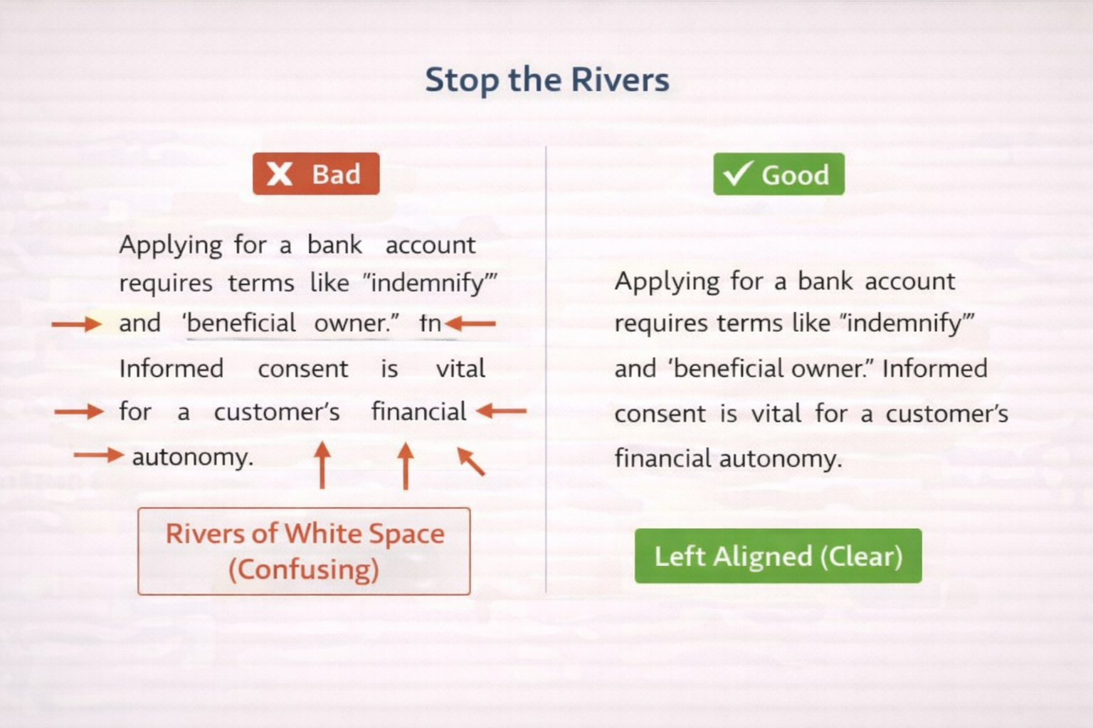 Visual Placeholder 4.1: Stop the Rivers Left Side (Bad): A block of text that is "Justified." Red arrows point to the jagged, uneven white gaps running vertically through the text. Label: "Rivers of White Space (Confusing)." Right Side (Good): A block of text aligned to the Left. The spacing is even and calm. Label: "Left Aligned (Clear)."