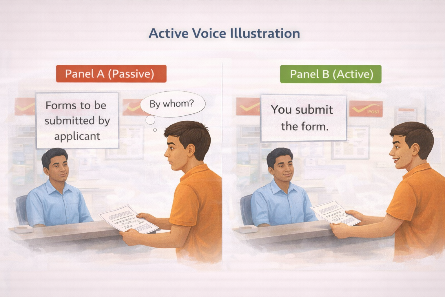 Visual Placeholder 4.2: Active Voice Illustration Scene: An Indian post office. Panel A (Passive): A sign reads "Forms to be submitted by applicant." A person looks confused, wondering "By whom?" Panel B (Active): A sign reads "You submit the form." The person looks confident and hands over the paper. 