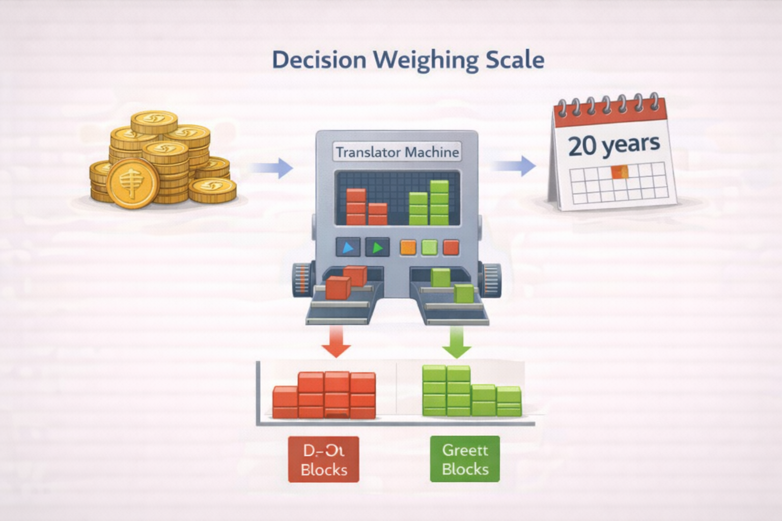 Visual Placeholder 5.1: The Decision Weighing Scale Left Side: A pile of Rupee coins. Right Side: A calendar showing 20 years. Middle: A "Translator Machine" that turns the coins into Red Blocks and the calendar into Green Blocks. Bottom: A simple chart where the blocks are placed side-by-side for comparison.