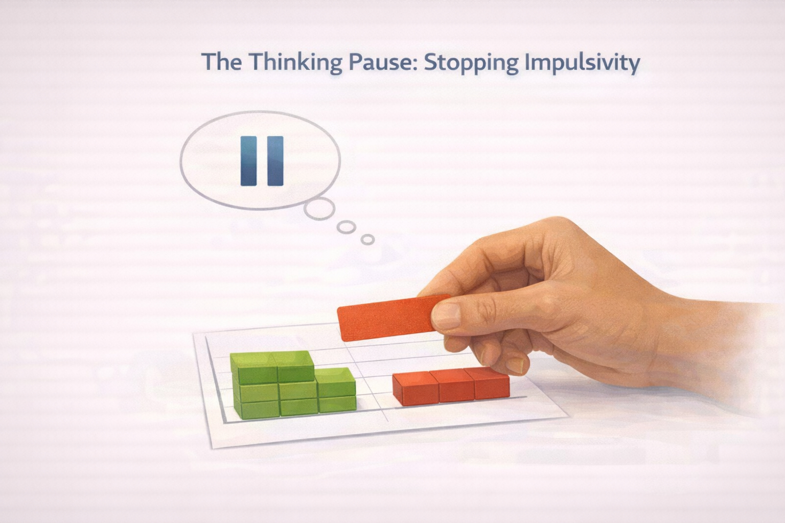 Visual Placeholder 5.2: The Thinking Pause Action: A close-up of a hand holding a "Red Bar" sticker, hovering over a paper chart. Detail: A thought bubble shows a "Pause" symbol (||). Label: "The Thinking Pause: Stopping Impulsivity."