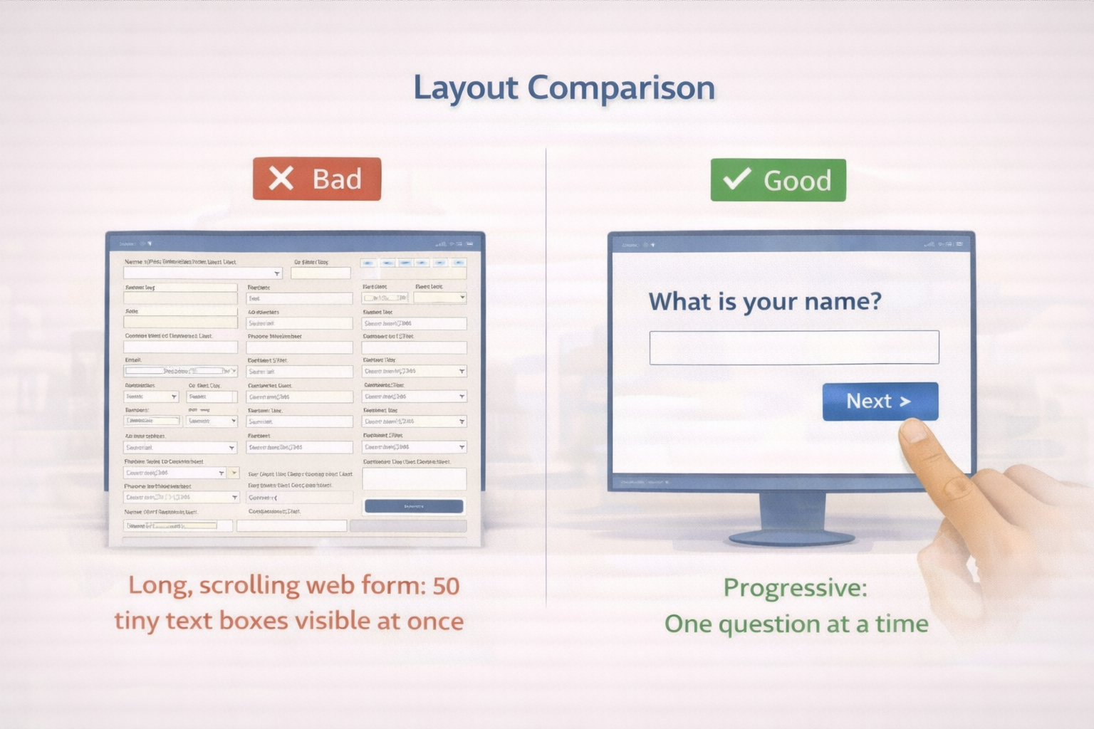 Visual Placeholder 6.2: Layout Comparison Bad Layout: A long, scrolling web form with 50 tiny text boxes visible at once. It looks overwhelming. Good Layout (Progressive): A clean screen asking only one question: "What is your name?" with a large "Next" button.