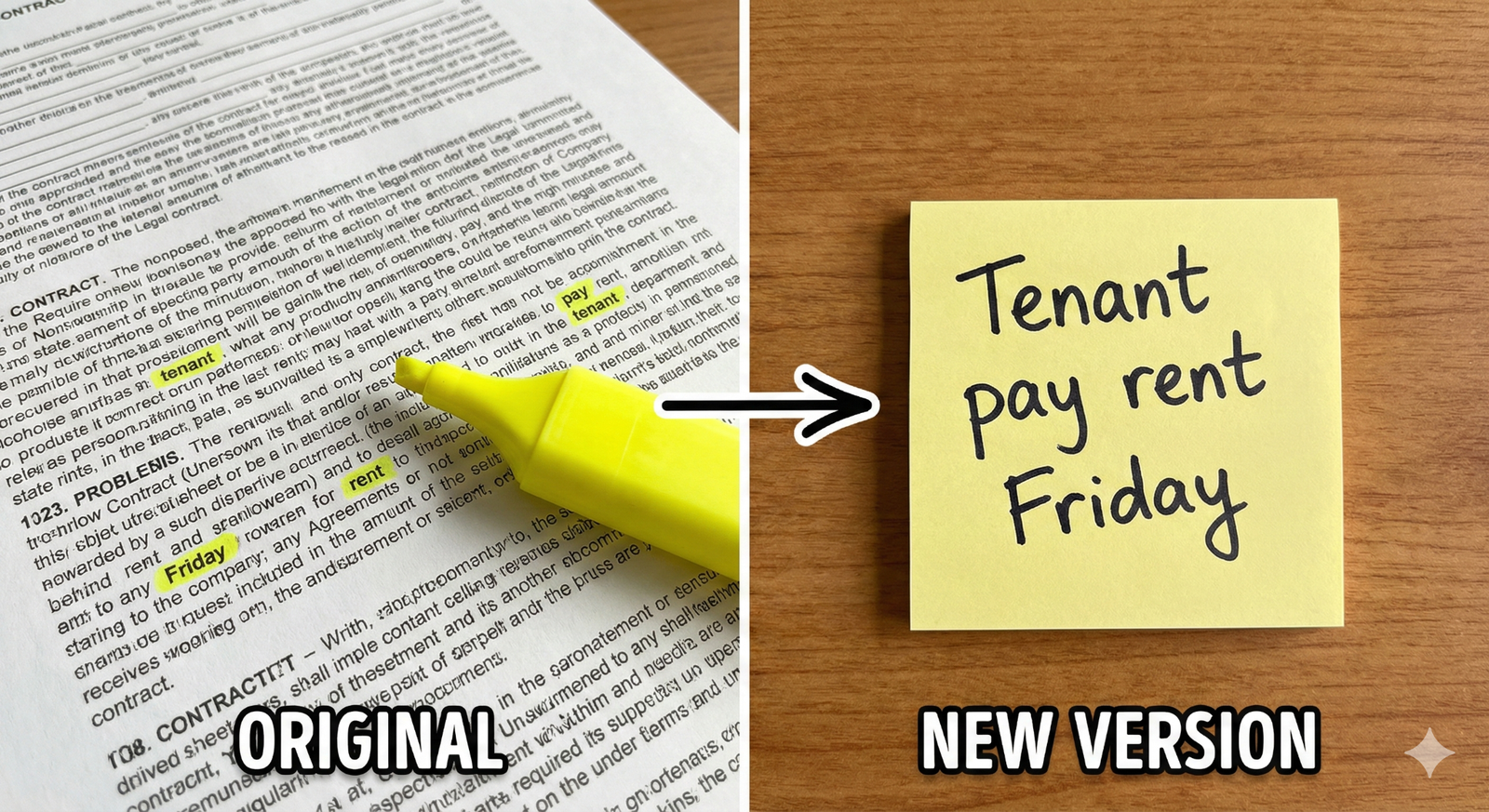 Visual Placeholder 7.1: The Highlighter Method Original: A dense paragraph of legal text. A yellow highlighter has marked only 4 key words. New Version: A sticky note showing a simple sentence made from just those 4 words.