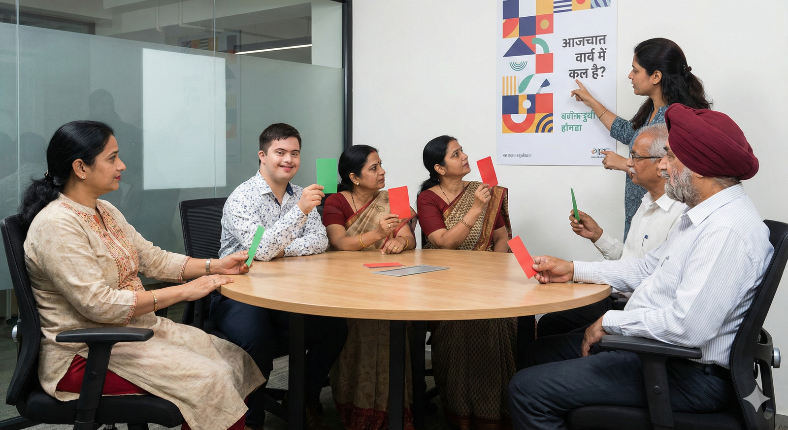Visual Placeholder 8.1: The Focus Group Setting: A round table in an office. People: A diverse group, including a person with Down Syndrome. Action: They are holding up Red and Green cards to vote on a poster design on the wall.