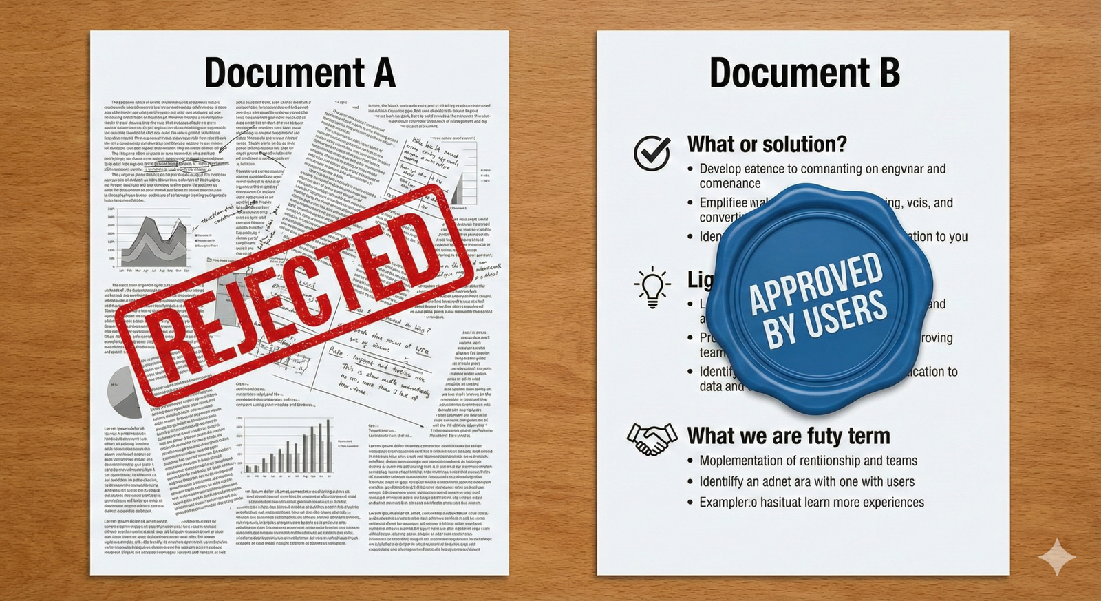 Visual Placeholder 8.2: The Approval Stamp Document A: Has a messy, complex layout. Stamped with "Rejected." Document B: Has a clean layout with icons. Stamped with a blue seal saying "Approved by Users."